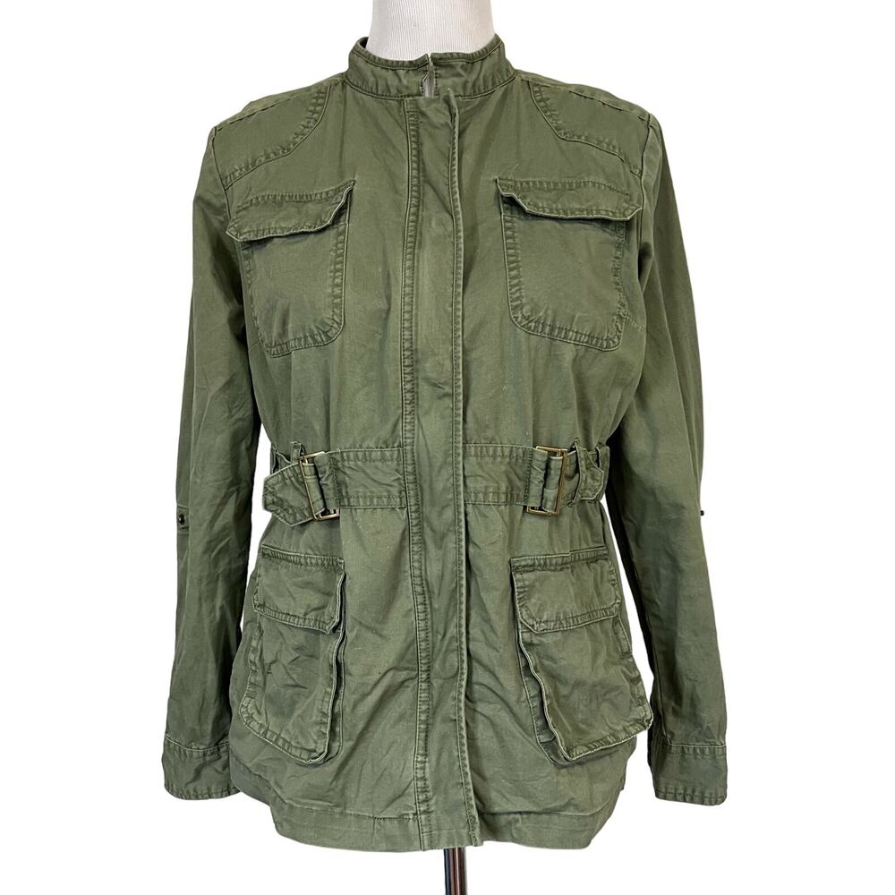 Bob Timberlake Women’s Field Jacket Green Utility Zip Cotton Roll Tab Sleeves M